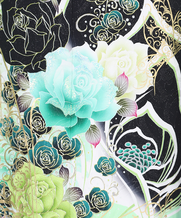 振袖レンタル 黒に緑薔薇蝶 F0140 L 宅配着物レンタル 一式フルセット きものレンタリエ