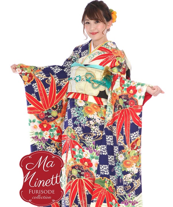 ブランド振袖レンタル Ma Minette 紺に四季の花々 F0315 L 宅配着物レンタル 一式フルセット 珍しいブランドきものレンタリエ レビュー 一覧 きものレンタリエ
