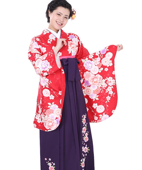 卒業式袴レンタル｜赤地に菊牡丹着物×紫刺繍袴