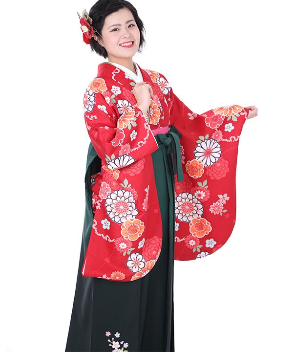 卒業式袴レンタル｜赤に丸菊梅の花着物×緑グラデ刺繍袴