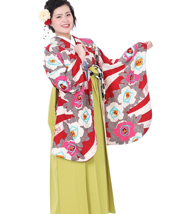 卒業式袴レンタル｜赤に椿着物×AMIAYAコラボ黄緑刺繍袴