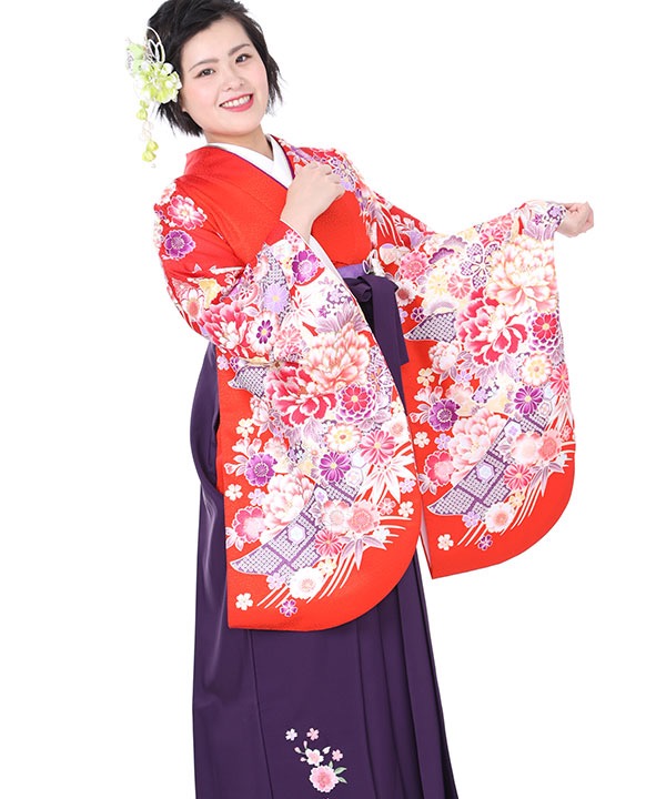 卒業式袴レンタル｜オレンジに熨斗牡丹着物×紫刺繍袴