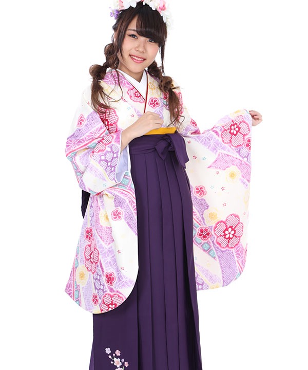卒業式袴レンタル｜白に熨斗桜着物×紫刺繍袴