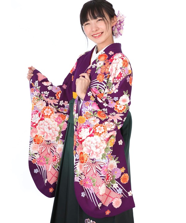 卒業式袴レンタル｜紫に熨斗牡丹着物×緑刺繍袴