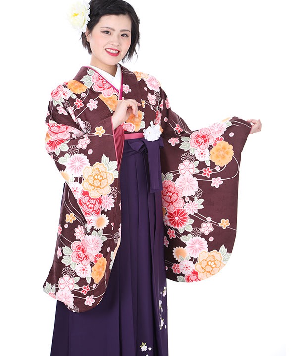 卒業式袴レンタル｜茶に桜流水着物×紫刺繍袴