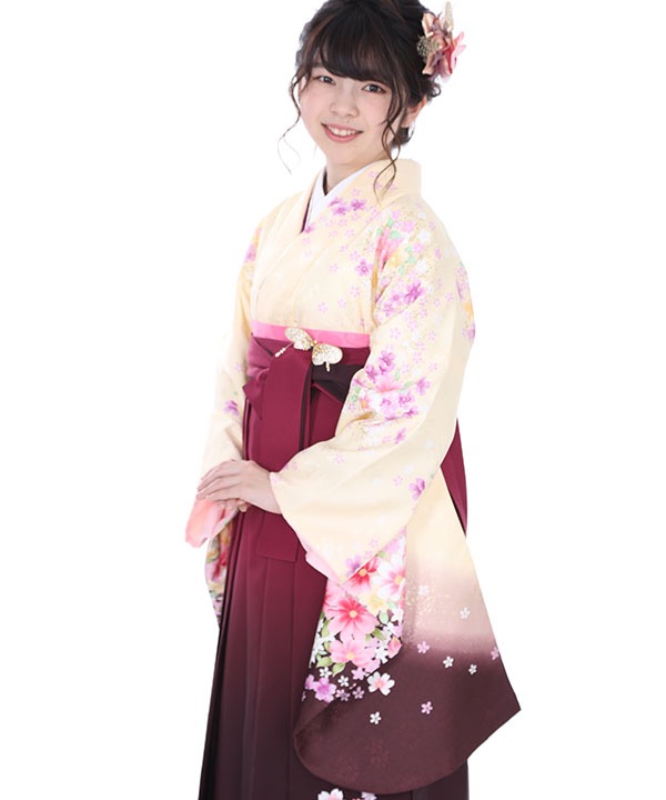 卒業式袴レンタル｜クリームぼかし桜着物×赤紫グラデ刺繍袴