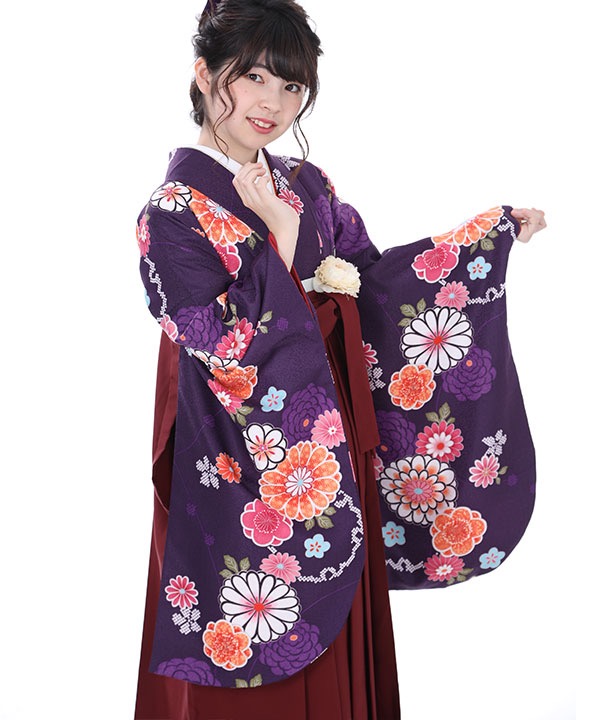 卒業式袴レンタル｜紫に丸菊着物×えんじ刺繍袴