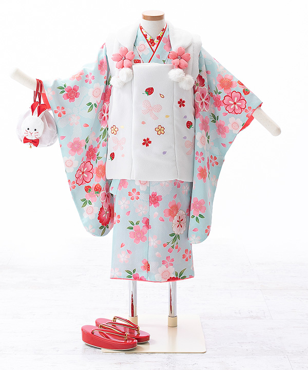七五三(三歳女の子)着物レンタル｜桜柄の水色着物×白被布