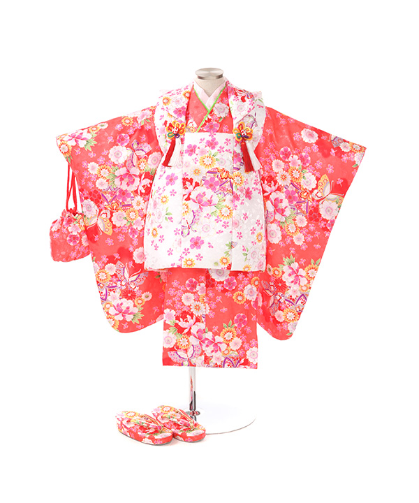 七五三(三歳女の子)着物レンタル｜桜柄ピンク色着物×白被布