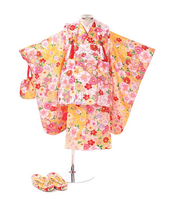 七五三(三歳女の子)着物レンタル｜桜菊柄黄色着物×ピンク被布