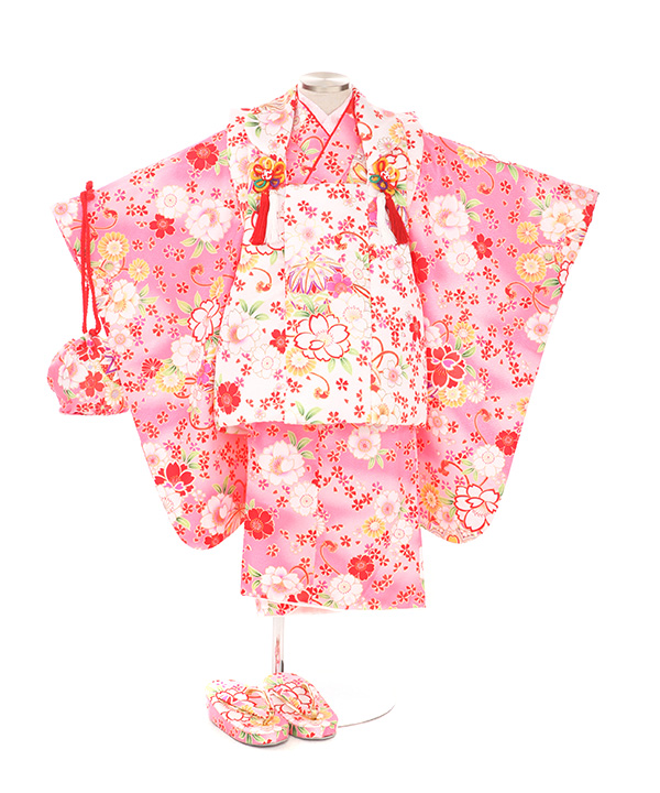 七五三(三歳女の子)着物レンタル｜桜柄ピンク着物×白被布